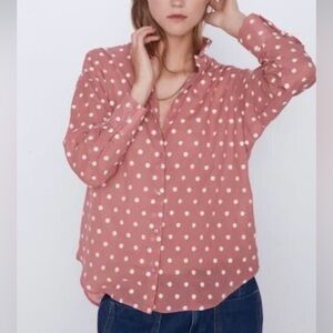 ZARA Embroidered Big Polka Dot Button-Down Top Pink White Lightweight Blouse XS